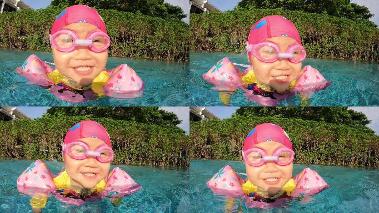 亚洲女孩游泳池体验感受欢乐