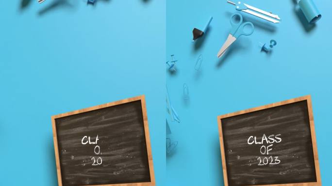 2023年概念的垂直返校课堂，蓝色背景，4K分辨率，黑板的蓝色设备侧