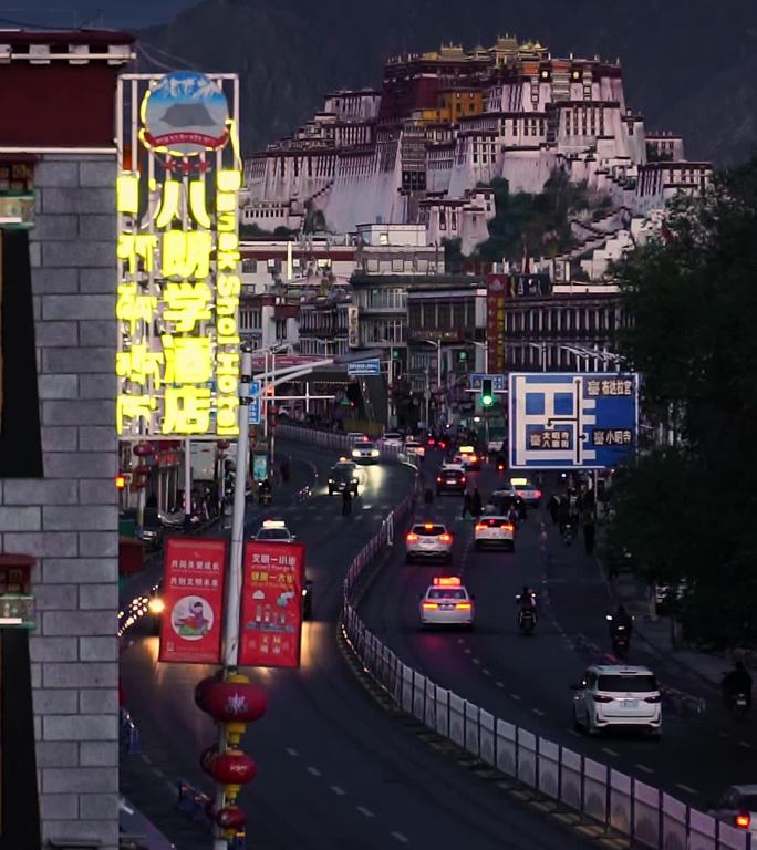 布达拉宫夜景和车水马龙的街道