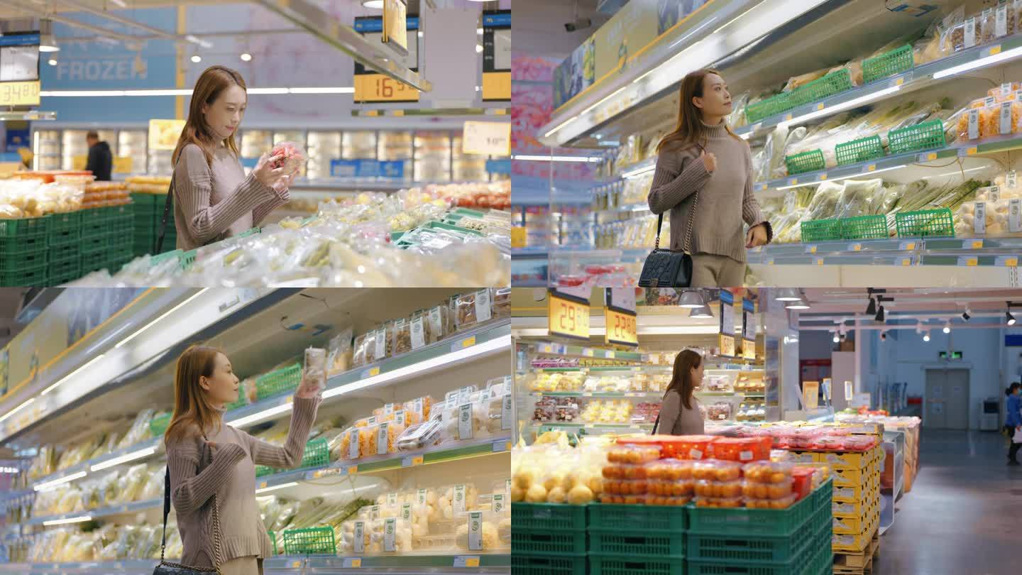 女人在生鲜超市挑选东西