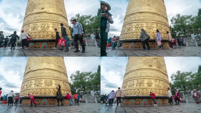 时间流逝的香格里拉西藏寺，手持大祈祷轮的朝圣者