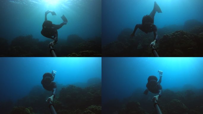 年轻人自拍和潜水潜水深海幽闭恐惧症自拍杆