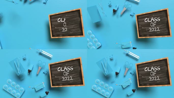 2022年概念返校课堂，蓝色背景，4K分辨率，黑板的蓝色设备侧