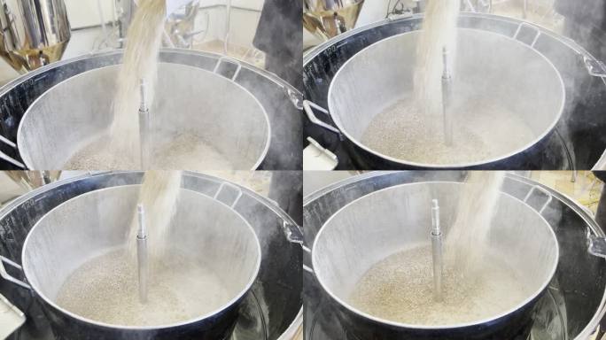 将碾碎的大麦放入罐中，用于制作手工啤酒。