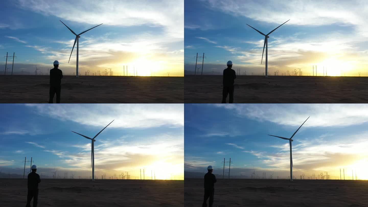 夕阳新能源风车电力人员 4K高清视频素材