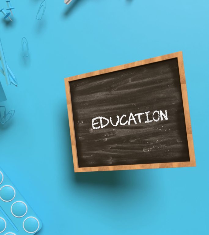 在4K分辨率的蓝色背景上，黑板的蓝色学校设备侧的垂直返校教育概念