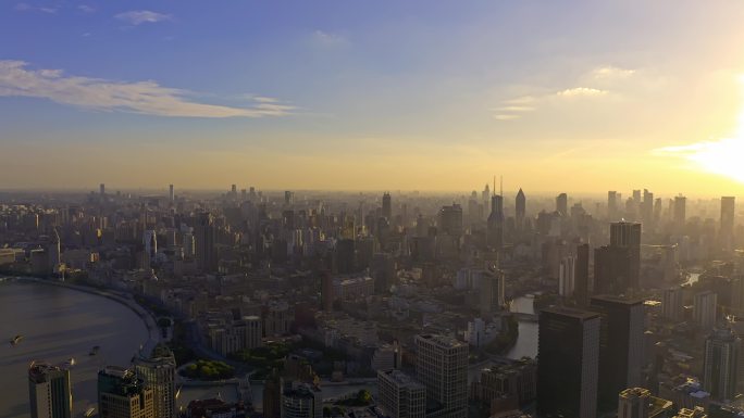 上海地标浦西天际线日落4K航拍