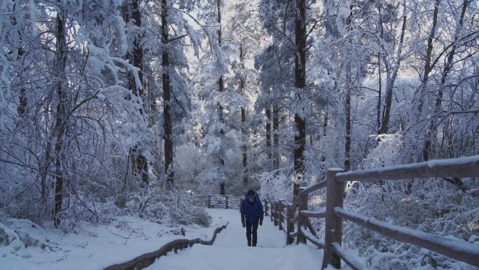 男人走在大雪覆盖的峨眉山林中步道
