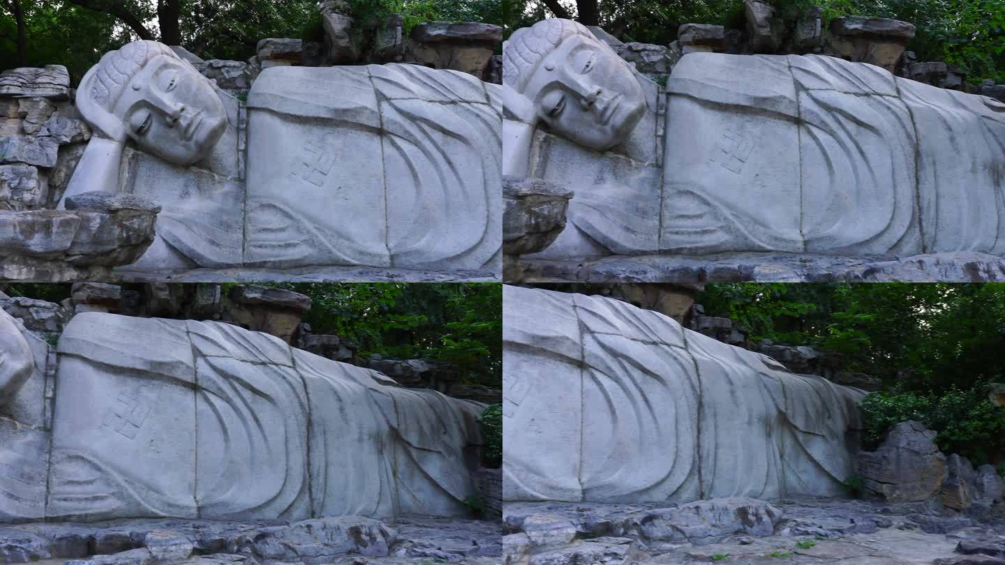济南千佛山景区卧佛与罗汉石刻雕塑实拍4K