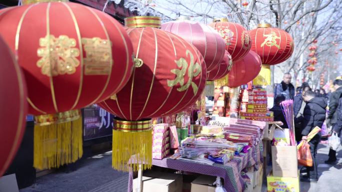 山西临县春节前街景 路边摊 红灯笼 组镜