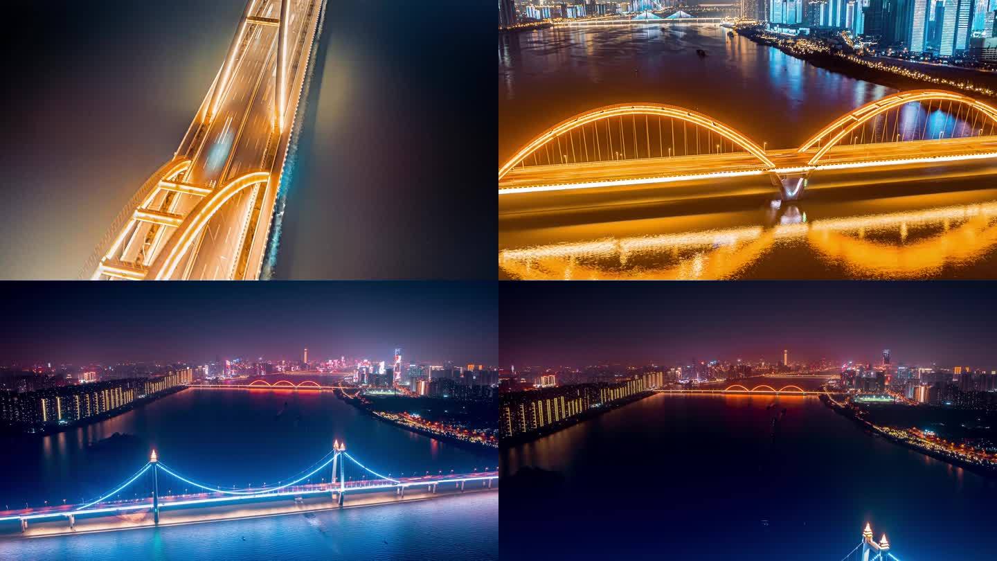 2022长沙夜景桥梁灯光秀航拍延时视频