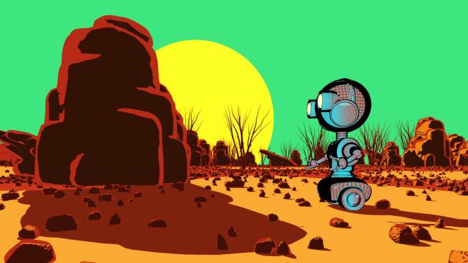 未来主义滑稽卡通机器人在贫瘠的土地上滚动