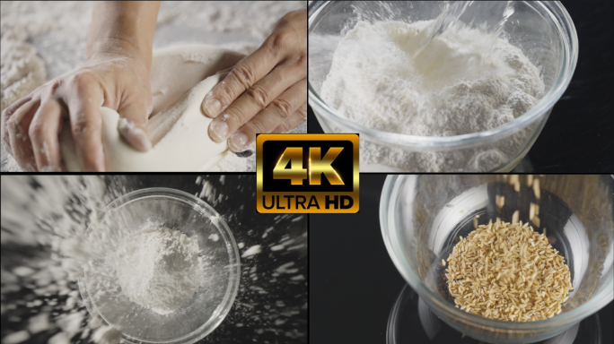 小麦面粉面团烹饪4K慢镜头