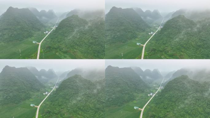 无人机在雾蒙蒙的蜿蜒山路上飞行，靠近雾蒙蒙的雨林树木。电影镜头鸟瞰雄伟的热带山脉景观。越南北部