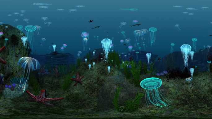 6k-全景素材 海底深海 水母  蛟龙号