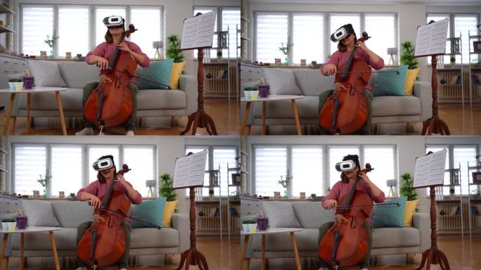 年轻女子在家中演奏中提琴时，正在体验售罄音乐会的虚拟现实