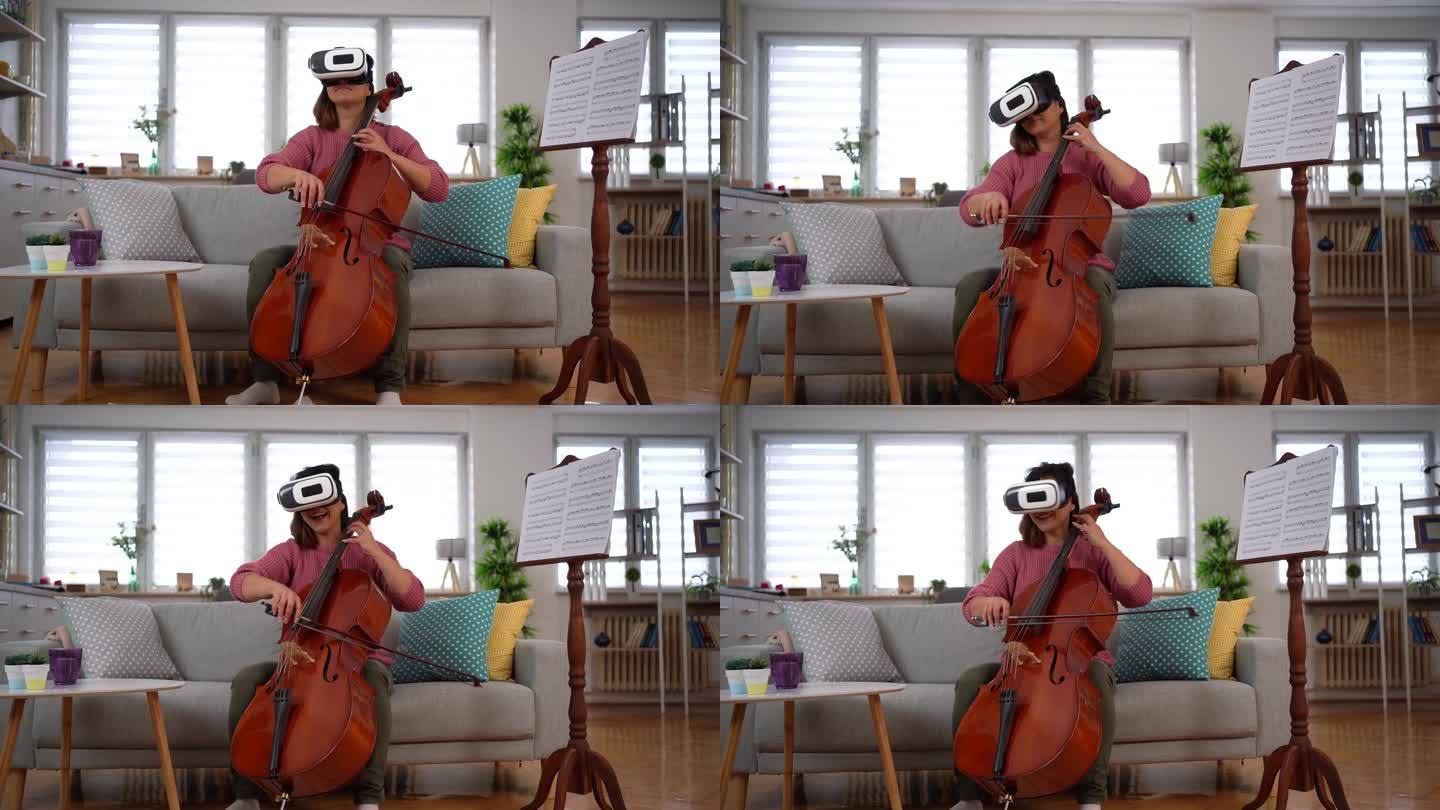年轻女子在家中演奏中提琴时，正在体验售罄音乐会的虚拟现实