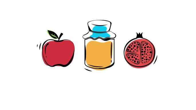 Rosh Hashanah。Shana Tova，犹太新年假期。蜂蜜罐，苹果和石榴。4k动画
