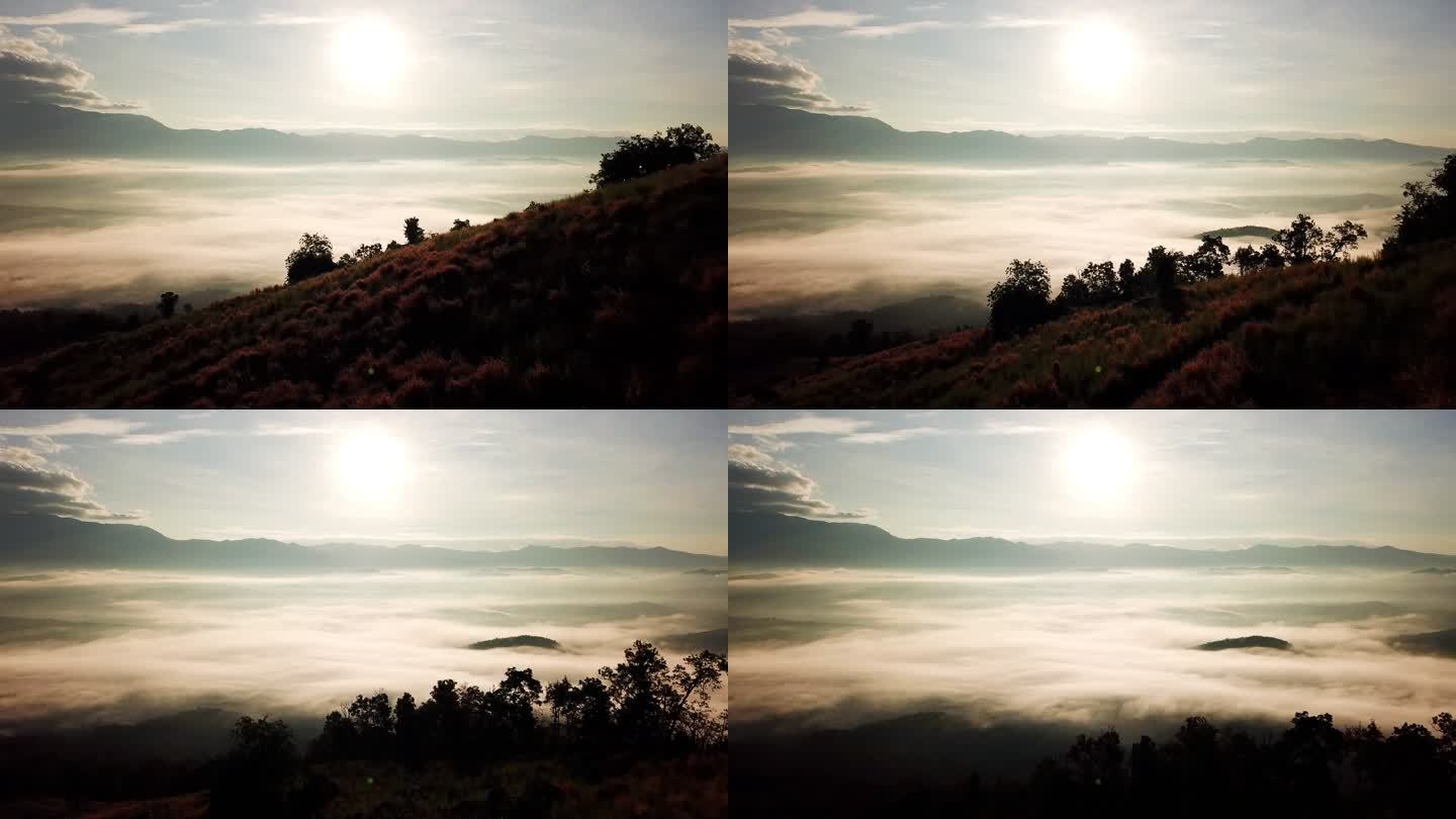 鸟瞰山上的云雾云物流绕山间高山