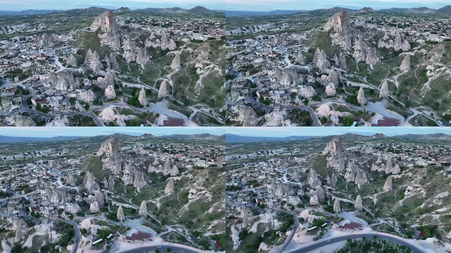 Uchisar城堡在Kapadokya Cappadocia日出4k无人机视频