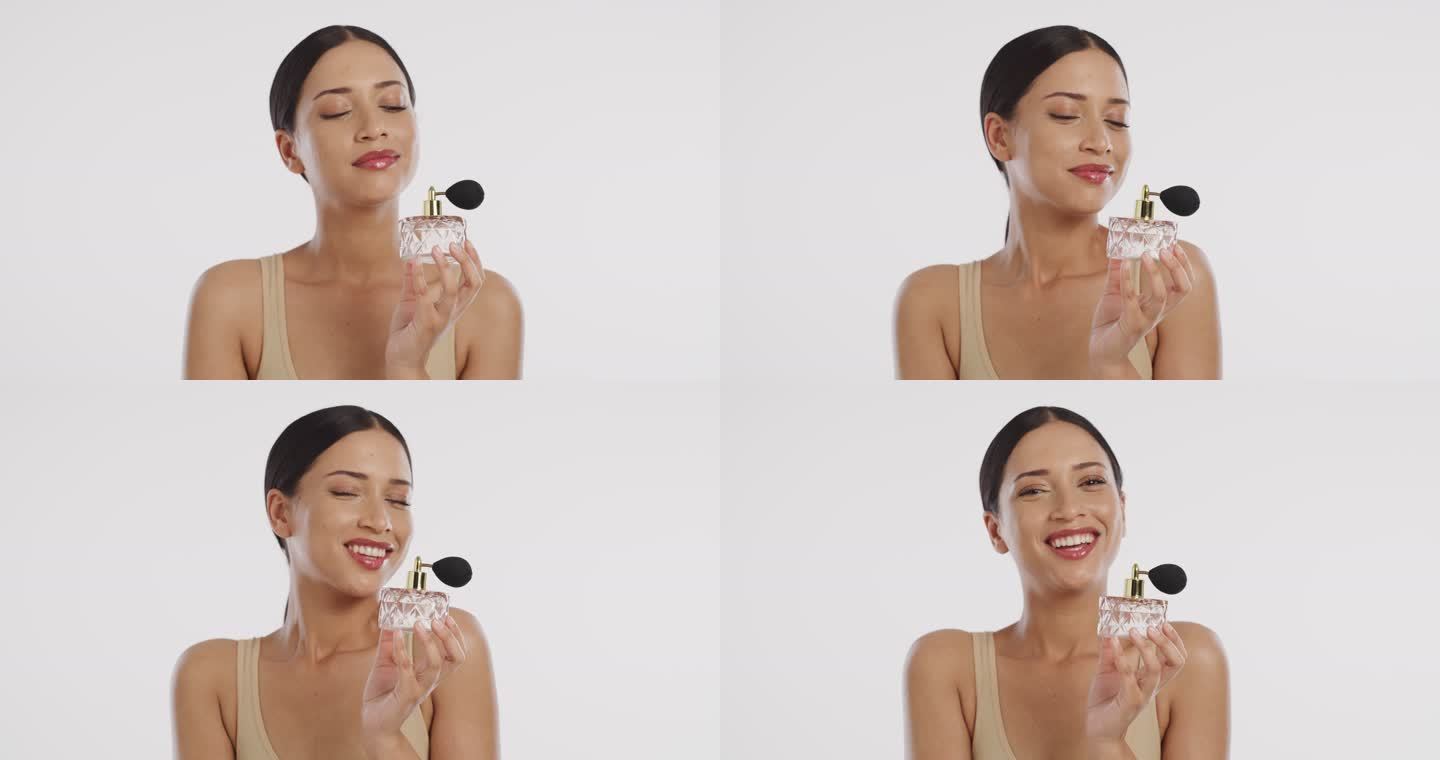 一位美丽的年轻女子喷洒香水的4k视频片段