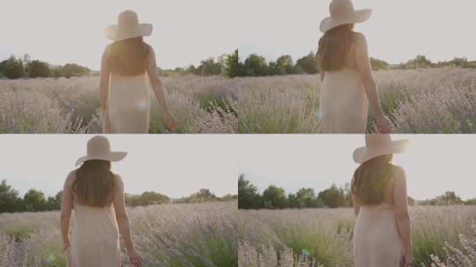 日落时分，身着夏装、头戴遮阳帽的年轻女子在薰衣草地里穿行