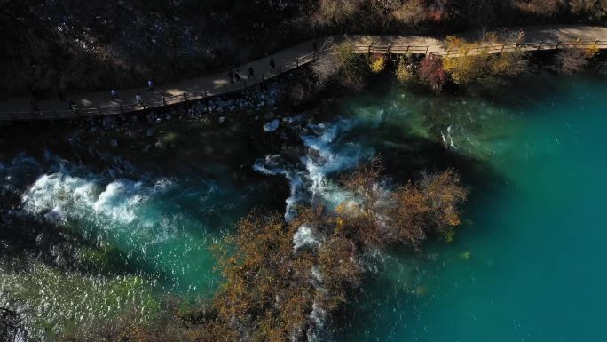 航拍秋天的九寨沟树正群海风景