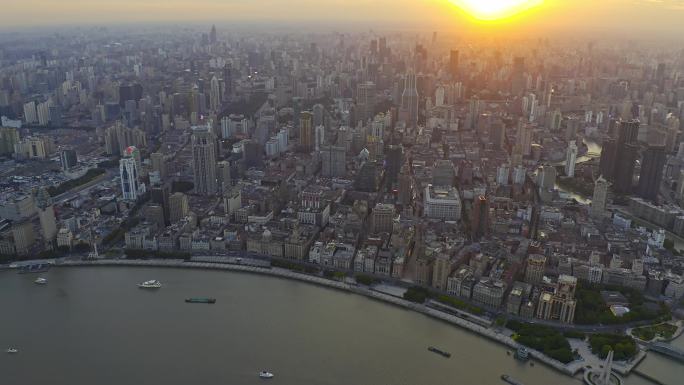 上海地标浦西天际线日落4K航拍