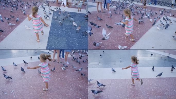 巴塞罗那加泰罗尼亚广场上追逐鸽子的年轻女孩