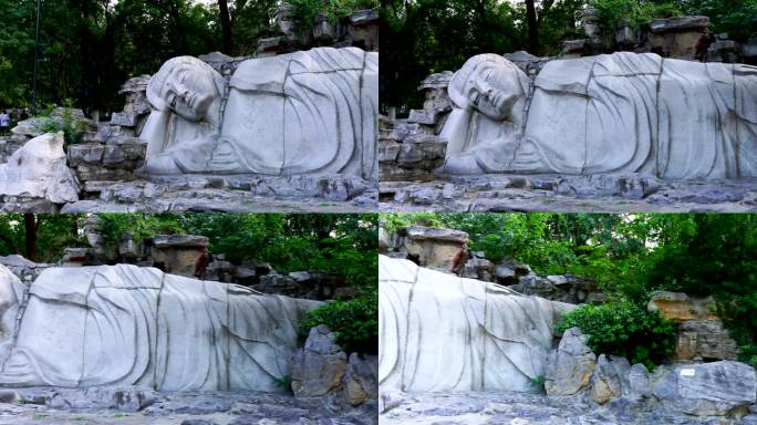 济南千佛山景区卧佛与罗汉石刻雕塑实拍4K