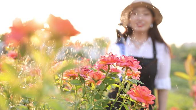 在花园里浇花的女人