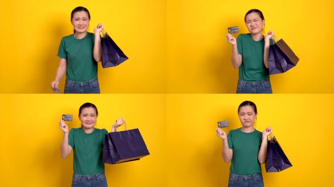 一名亚洲女性因持有更多购物袋和信用卡而感到焦虑，并被隔离在背景之外。