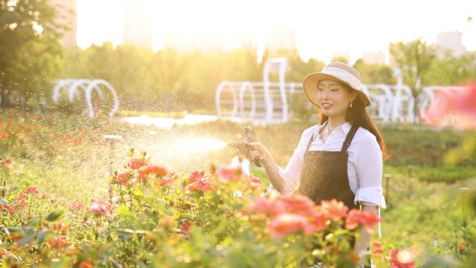 在花园里浇花的女人