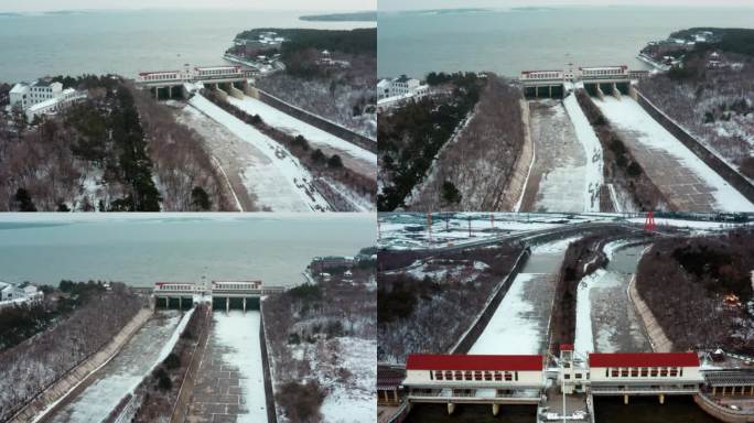 冬天雪景公园海边水库大坝河岸边