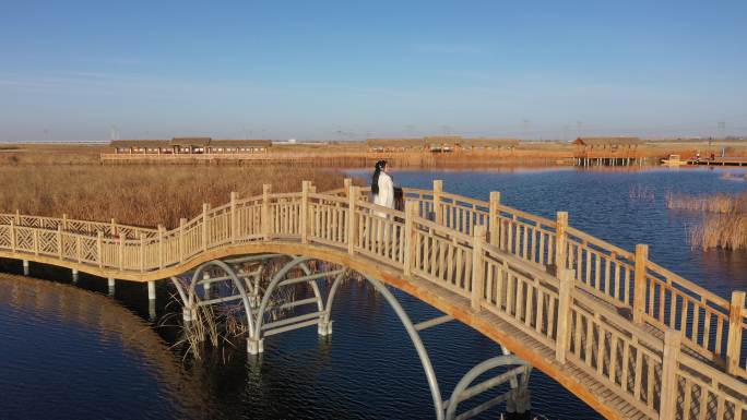 汉服美女站立在湿地公园木拱桥上