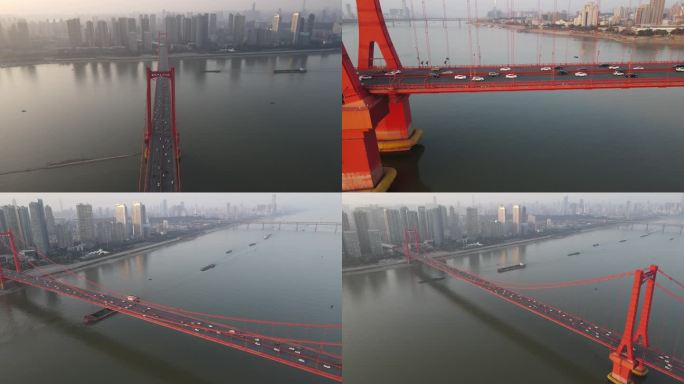 航拍红色的鹦鹉洲长江大桥