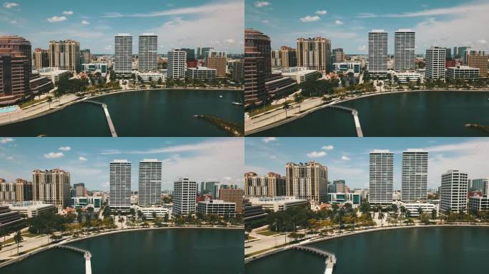 2022年6月19日中午，佛罗里达州海湾海滨西棕榈滩市中心俯瞰棕榈滩岛的空中无人机视频