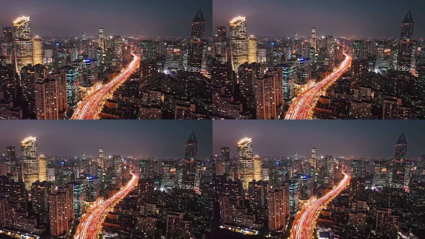 上海延安立交高架路夜景航拍