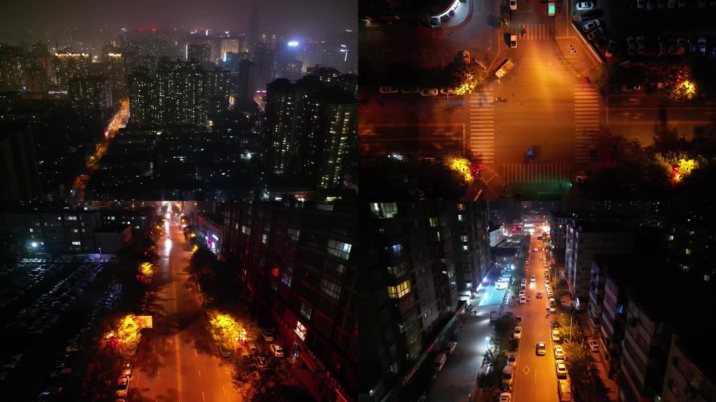西安城市晚上疫情下的街道夜景航拍