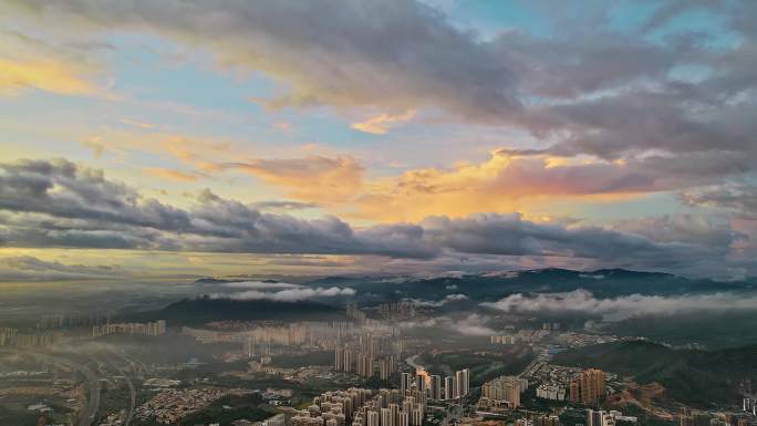 航拍中山市东区上空云海日出有光云海