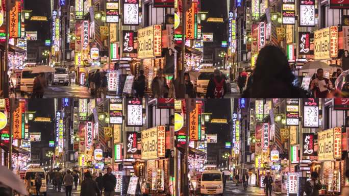 时间流逝。日本东京歌舞伎町的夜间人群。