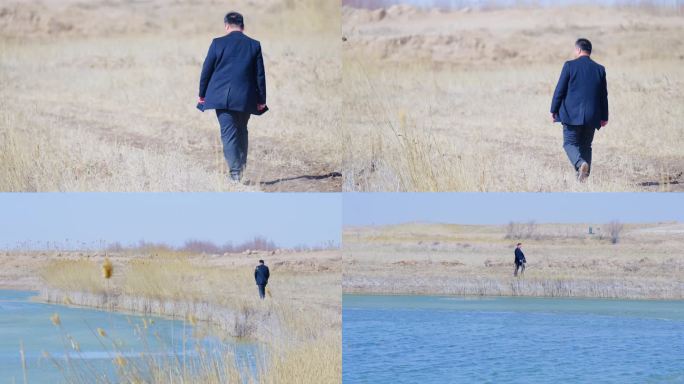 湖边荒野行走的男人慢动作