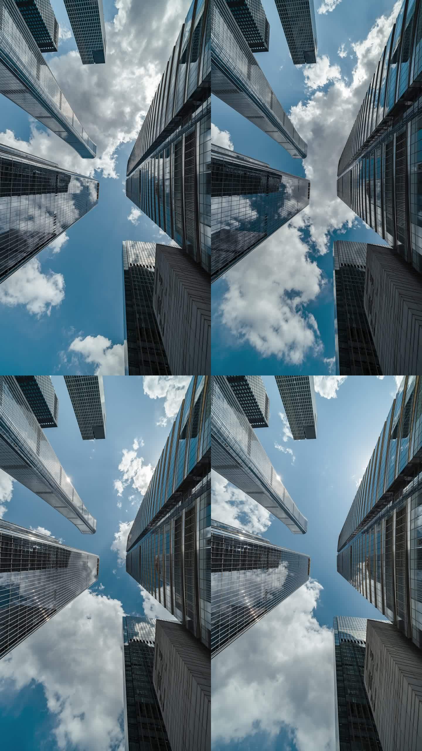 高层企业建筑、摩天大楼和天空的T/L低角度视图