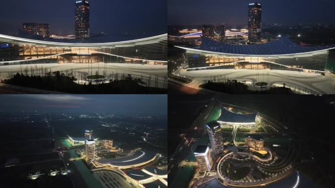 航拍太原潇河国际会议中心国际会展中心夜景