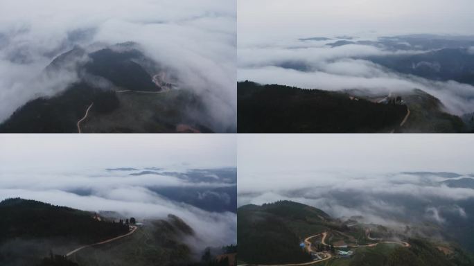 高山云雾下的村落航拍