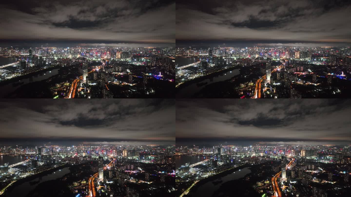 深圳南山区城市建筑群夜景航拍