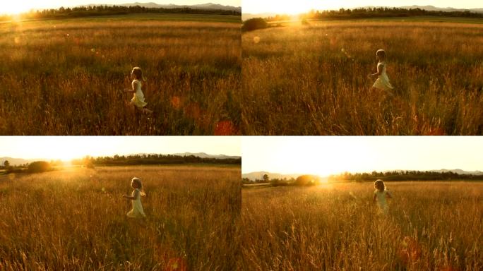 空中小女孩在草地上奔跑