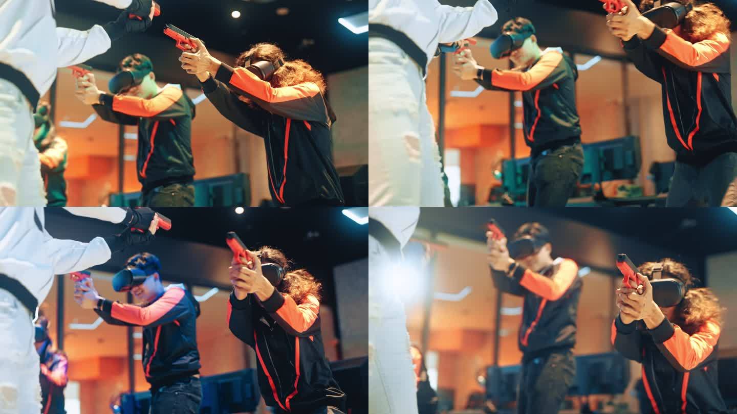 2支亚洲电子竞技队在舞台上进行VR射击视频游戏，在决赛中相互竞争