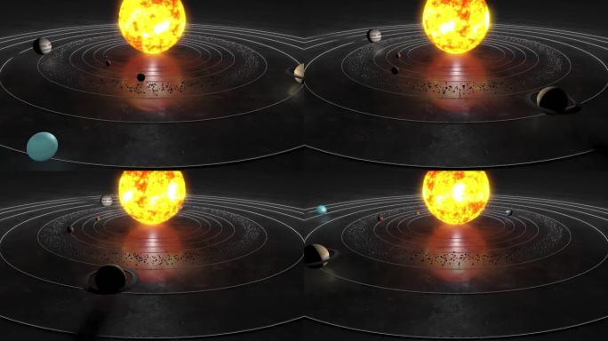 4K太阳和太阳系行星空间动画、天文学、3D渲染、水星、金星、地球、火星、木星、土星、天王星、海王星、