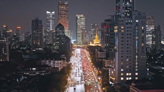 上海延安立交高架路夜景航拍